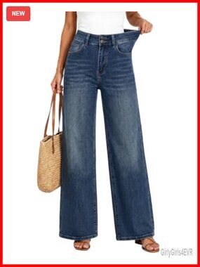 High Waisted Wide Leg Jeans Stretchy Cotton Blend Petite Regular